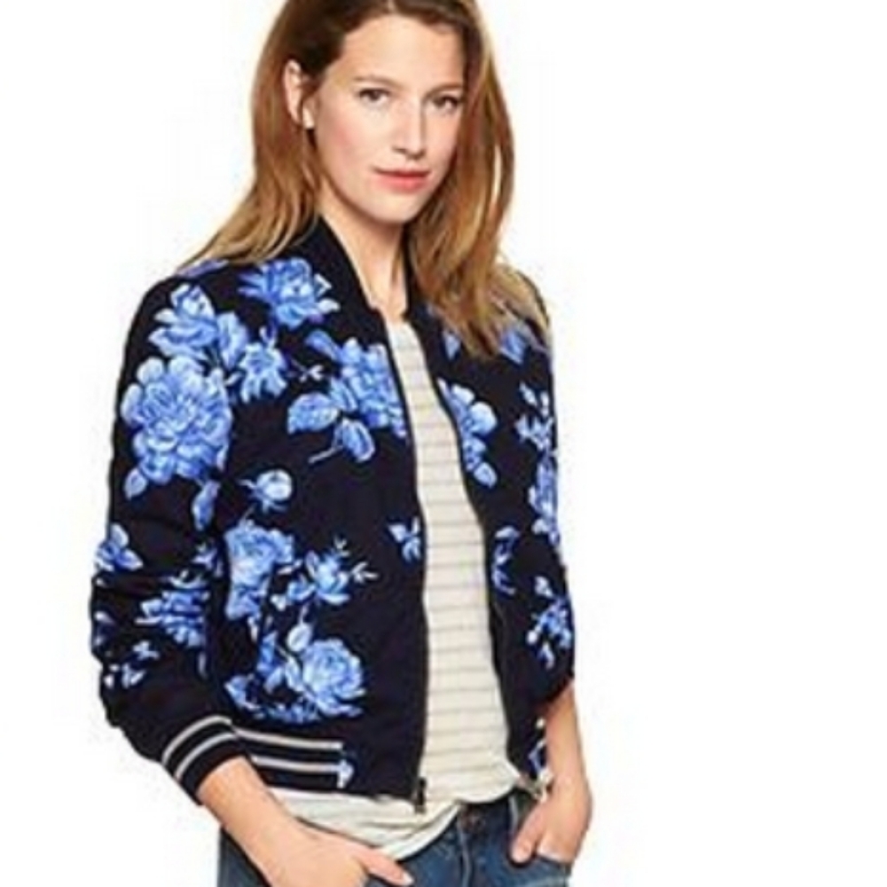 Floral Bomber Jacket Blue Roses S